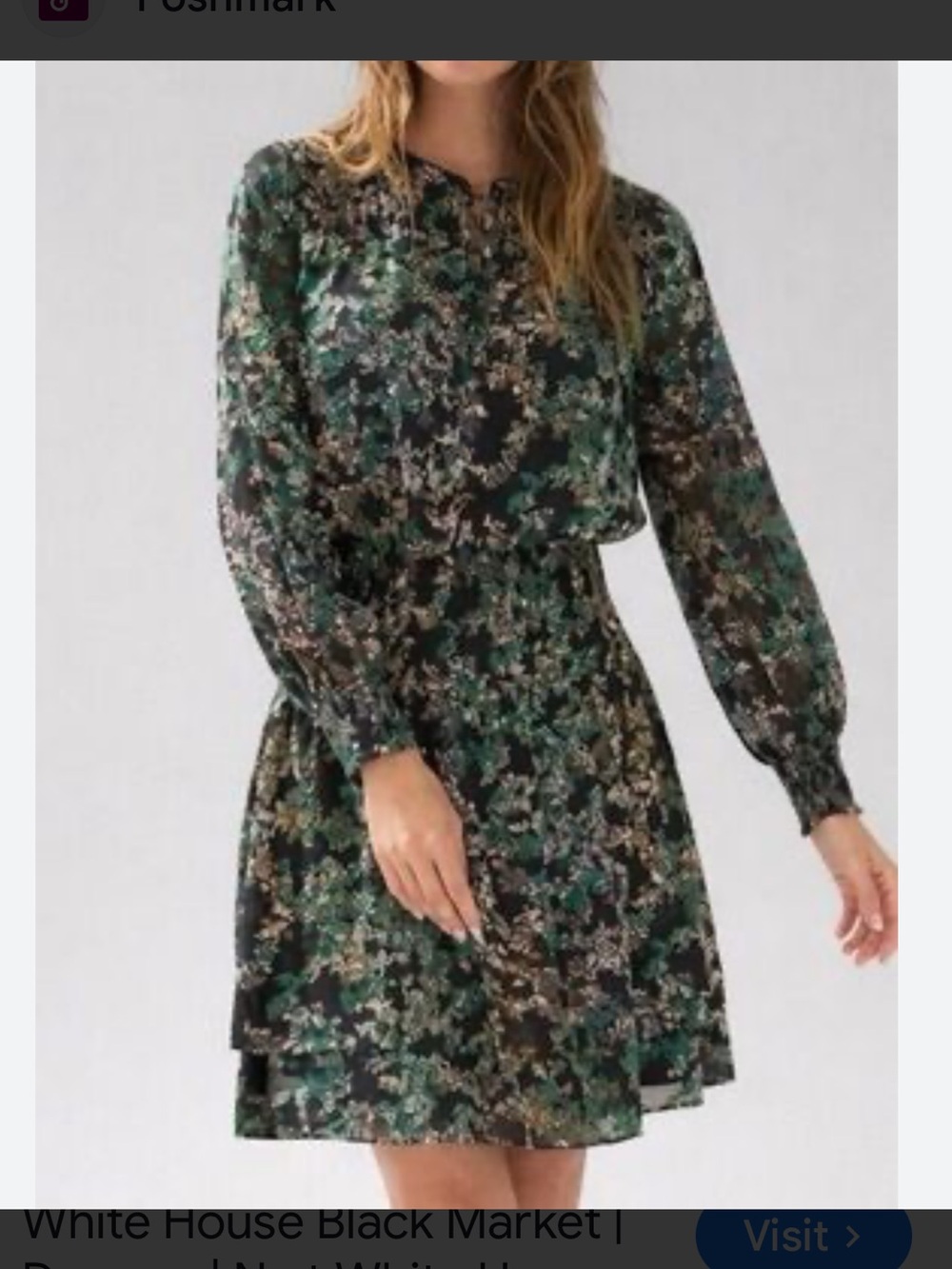 White House Black Market Black and Green Floral Long-Sleeve Dress
